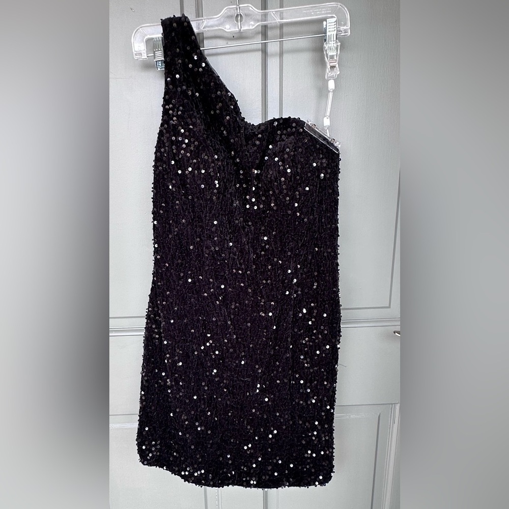 Black Sequin One Shoulder Mini Dress